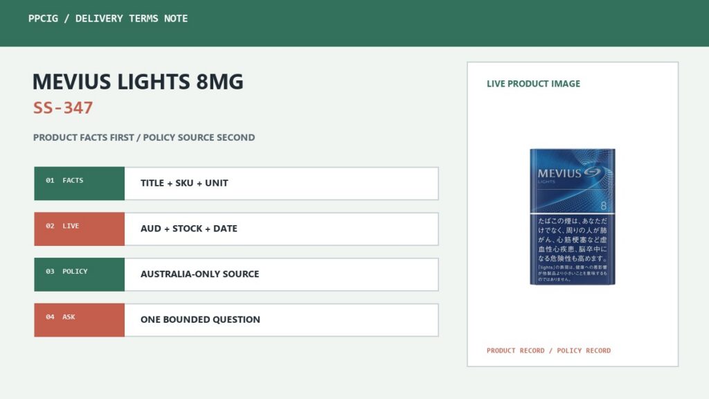 PPCig delivery-terms reference for MEVIUS Lights SS-347 with a live product image and separate product and policy checkpoints