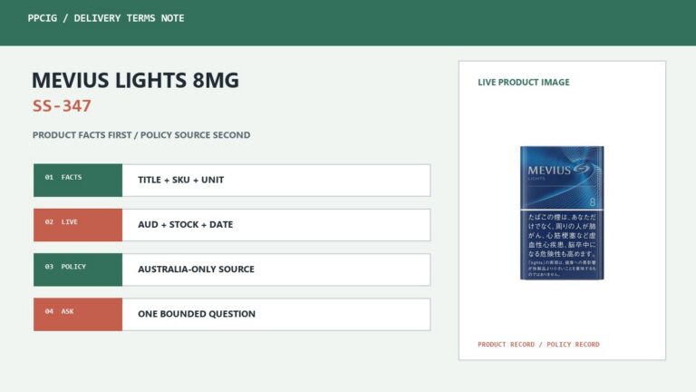 PPCig delivery-terms reference for MEVIUS Lights SS-347 with a live product image and separate product and policy checkpoints